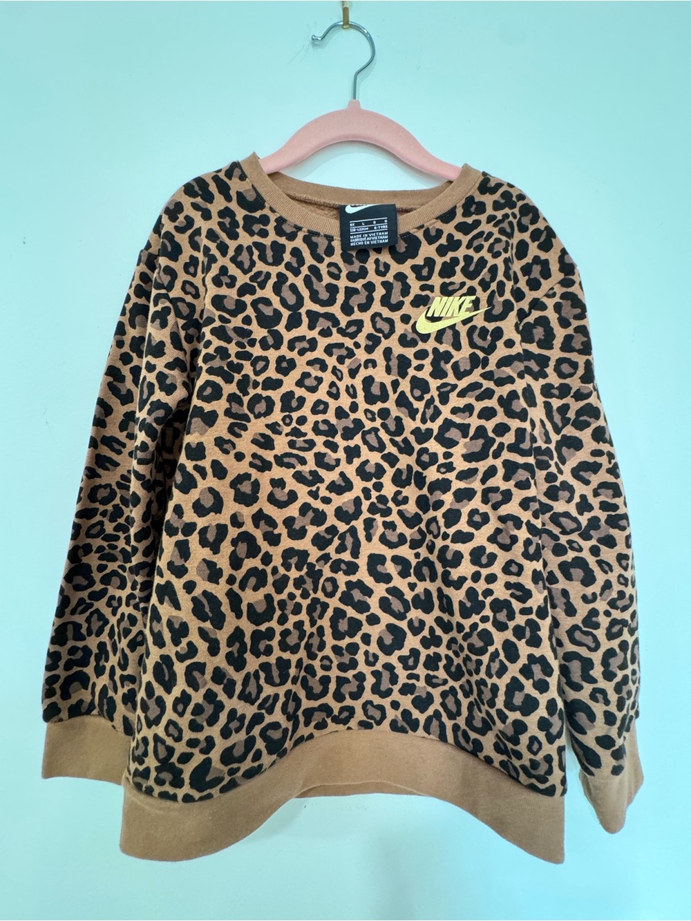 NEW Nike Girls Leopard Print Crewneck Sweater - Brown/Black Large